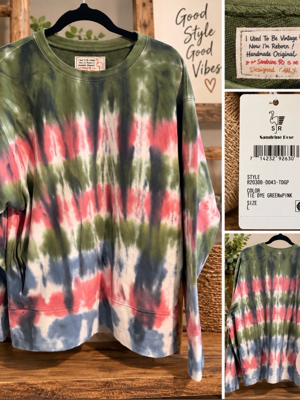 Free People x Sandrine Rose Tie Dye Oversized Sweatshirt Green Pink L -NWT